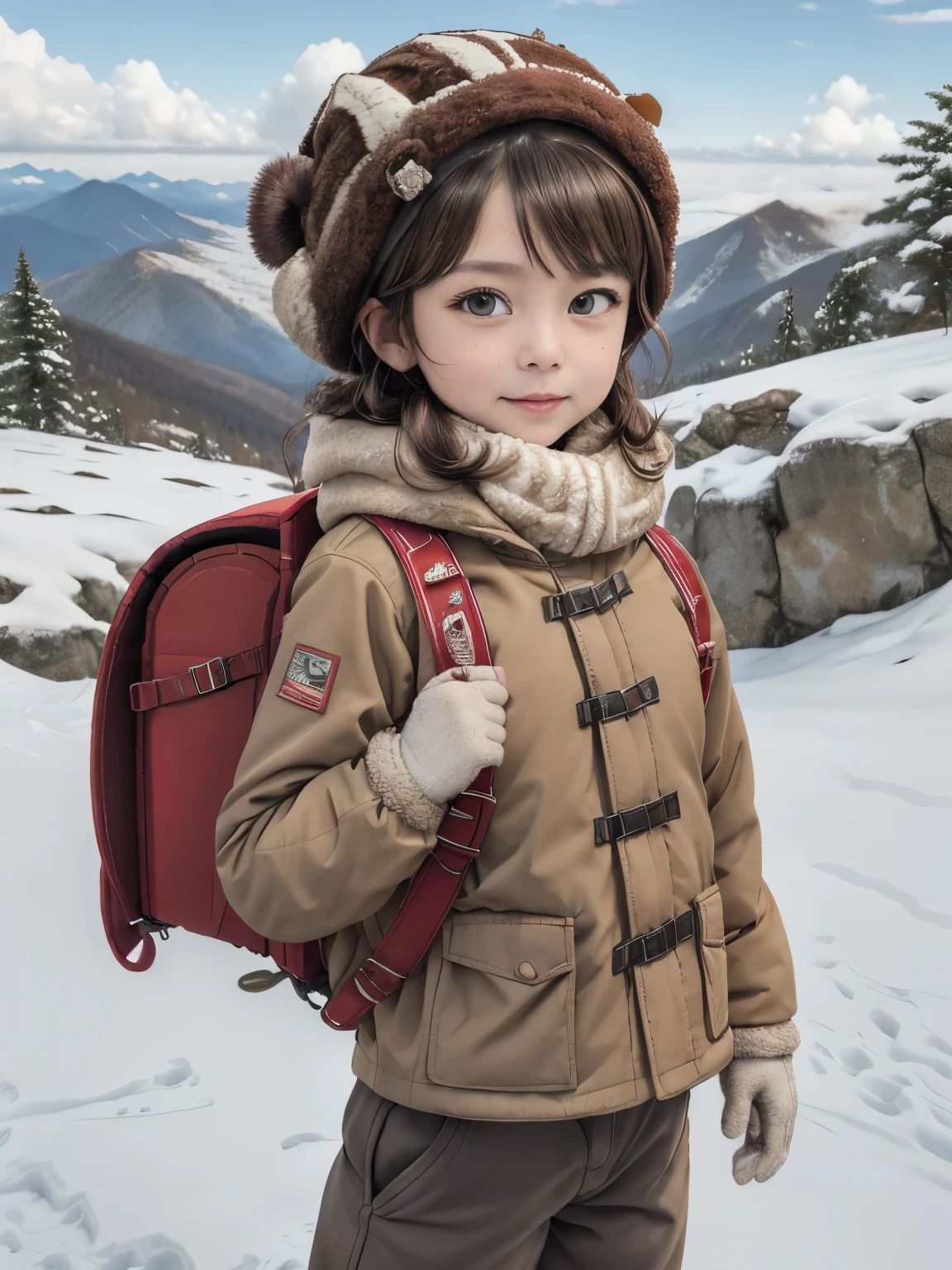 masterpiece, best quality, highres, 1girl, , 8 y.o, solo, brown hair, medium hair, brown eyes, mole under eye, cowboy shot, adventure, hiking, wearing winter headcap, wear winter jacket, thick jacket, (jacket:1.2), trousers, gloves, (trousers:1.2), outdoor, mountain, snow mountain, wearing red backpack, (red backpack:1.2)