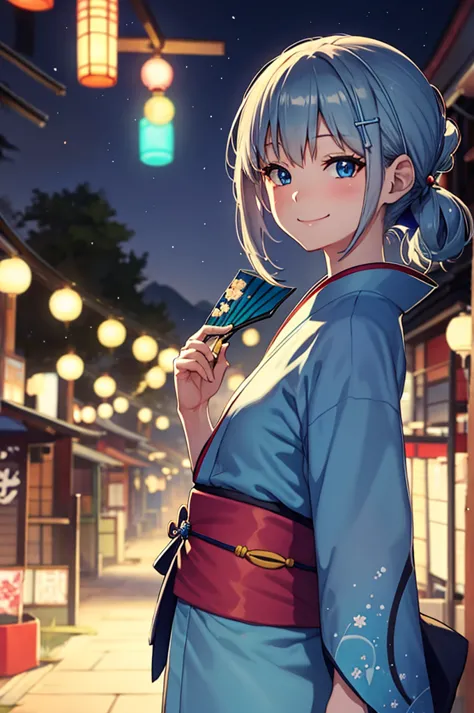 shiroko, blue eyes, with kimono,festival night background japan, anime style, smile, with holding dango and fan festival