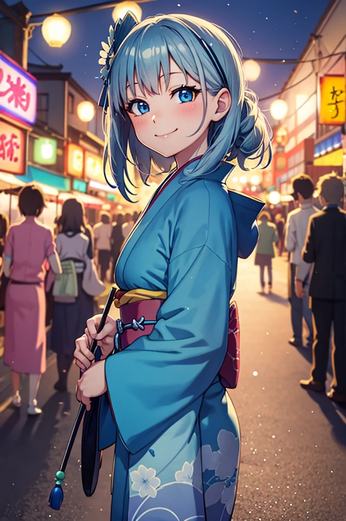 Shiroko, Blue eyes, With kimono,Festival night background Japan, Anime style, Smile, with holding dango and fan festival