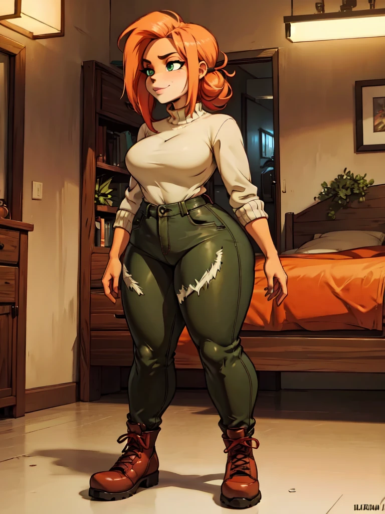 anthro bandicoot girl redhead, braided hair, beautiful green eyes, sexy relaxing moment, sexy ,seductive, warm sweater, camouflage pants, army boots, smirking, cozy lighting, vibrant colors , 