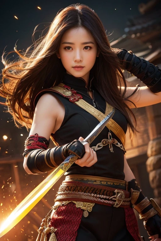 Highest quality、High resolution、Very detailed、Detailed Background２０Beautiful cute girl of the year、Warrior、dragon tattoo on arm、Japanese sword(Blade length: 2 shaku 4 sun、The part with the picture is woven with red and black thread.、The tip is gold)、Japanese sword、Sharp eyes、enemy&#39;Blood is flowing to my cheeks、In the woods、Armor from the Sengoku Period(Red and gold costume)、blonde、short hair、Realistic Face、Swing your sword down、Delicate eyes、Laugh a little、Like a fight scene in a live-action movie、On the cheeks、enemyWarriorの返り血、A castle burning in the background、