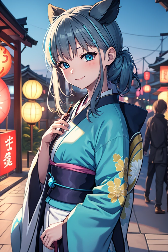 Sunaookami Shiroko, Blue eyes, With kimono,Festival night background Japan, Anime style, Smile, with holding dango and fan festival,Blue archive,Perfect hand,Perfect anatomy