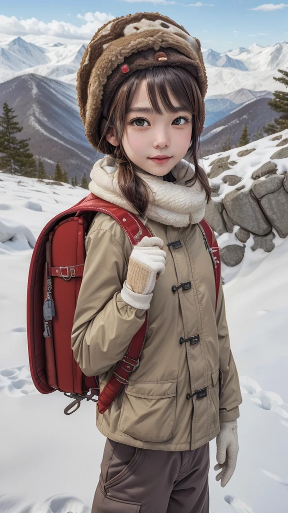 masterpiece, best quality, highres, 1girl, solo, brown hair, medium hair, brown eyes, mole under eye, cowboy shot, adventure, hiking, wearing winter headcap, wear winter jacket, thick jacket, (jacket:1.2), trousers, gloves, (trousers:1.2), outdoor, mountain, snow mountain, wearing red backpack, (backpack:1.2)