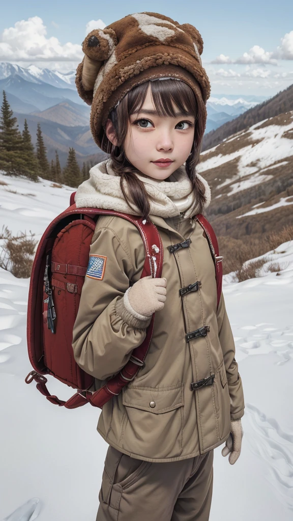 masterpiece, best quality, highres, 1girl, solo, brown hair, medium hair, brown eyes, mole under eye, cowboy shot, adventure, hiking, wearing winter headcap, wear winter jacket, thick jacket, (jacket:1.2), trousers, gloves, (trousers:1.2), outdoor, mountain, snow mountain, wearing red backpack, (backpack:1.2)