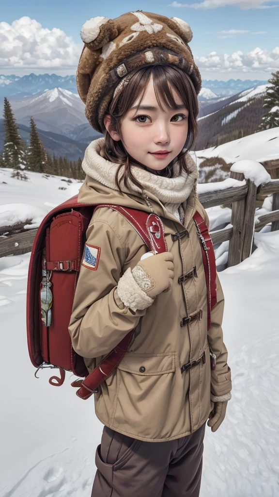 masterpiece, best quality, highres, 1girl, solo, brown hair, medium hair, brown eyes, mole under eye, cowboy shot, adventure, hiking, wearing winter headcap, wear winter jacket, thick jacket, (jacket:1.2), trousers, gloves, (trousers:1.2), outdoor, mountain, snow mountain, wearing red backpack, (backpack:1.2)