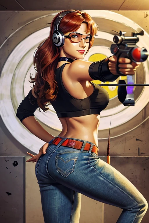 ((shooting pistol)),((target practice, shooting range:1.4)).(sultry eyes, flirty smile:1.2).(ultra realistic illustration:1.3).Sexy 23yo French woman, dyed red hair, green eyes. fit, natural perky breasts, perfect round ass, (suntan). (bangs, long hair:0.8), red lipstick, ponytail, ((safety goggles, headphones)), choker, lace tank top, jeans, high heels. Masterpiece, best quality,(highly detailed:1.2),(detailed face and eyes:1.2), 8k wallpaper, depth of field, natural lighting. core shadows, high contrast, bokeh.(rule of thirds), cinematic, atmospheric, contrast, intricate,