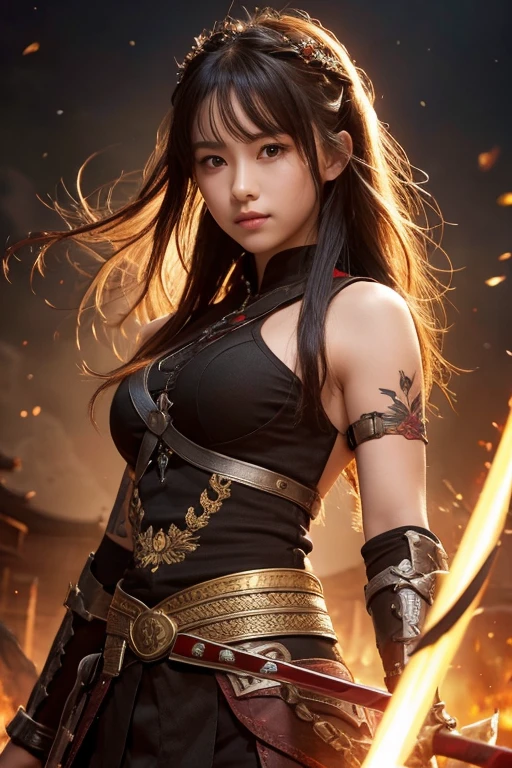 Highest quality、High resolution、Very detailed、Detailed Background２０Beautiful cute girl of the year、Warrior、dragon tattoo on arm、Japanese sword(Blade length: 2 shaku 4 sun、The part with the picture is woven with red and black thread.、The tip is gold)、Japanese sword、Sharp eyes、enemy&#39;Blood is flowing to my cheeks、In the woods、Armor from the Sengoku Period(Red and gold costume)、blonde、short hair、Realistic Face、Swing your sword down、Delicate eyes、Laugh a little、Like a fight scene in a live-action movie、On the cheeks、enemyWarriorの返り血、A castle burning in the background、Sparks fly、