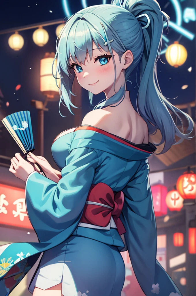 Sunaookami Shiroko, Blue eyes, With kimono,Festival night background Japan, Anime style, Smile, with holding fan festival,Blue archive,Perfect hand,Perfect anatomy,Hd Image