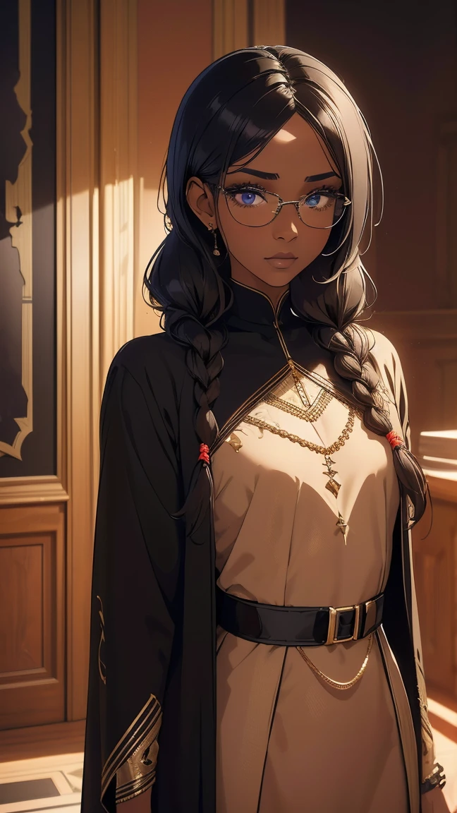 (Girl1,black skin,dark skin),(black hair,Small braids hairstyle,beautiful eyes),Long eyelashes,eye shadow,full body,(brown Arabic abaya dress, gold waist belt, glasses),(Highly detailed CG,8K wallpapers،Highest quality, high resolution, beautiful lighting, realistic shadow, high resolution)،(Detailed skin, highly detailed, detailed faces and eyes, realistic eyes)