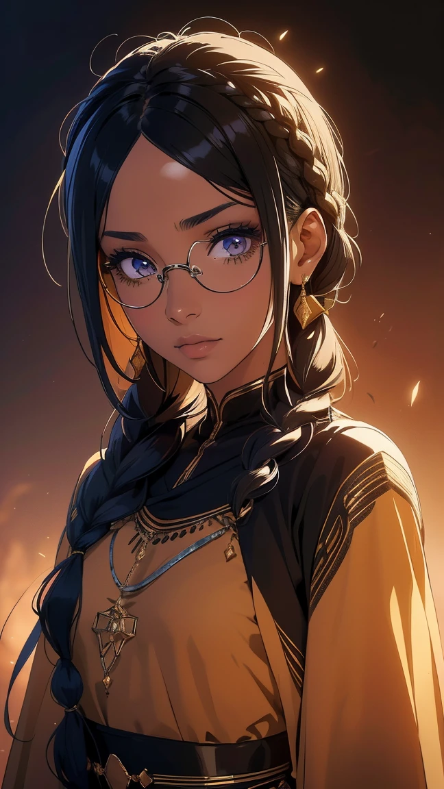 (Girl1,black skin,dark skin),(black hair,Small braids hairstyle,beautiful eyes),Long eyelashes,eye shadow,full body,(brown Arabic abaya dress, gold waist belt, glasses),(Highly detailed CG,8K wallpapers،Highest quality, high resolution, beautiful lighting, realistic shadow, high resolution)،(Detailed skin, highly detailed, detailed faces and eyes, realistic eyes)