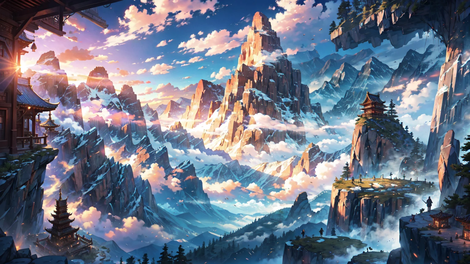 Steep rocky mountains(Leviathan:1.1),Vision, Mysterious Clouds, cliff, fog, Temple, wood, dream, Fantasy, no people, no human