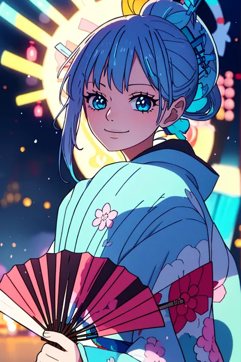 sunaookami shiroko, blue eyes, with kimono,festival night background japan, anime style, smile, with holding fan festival,blue a...