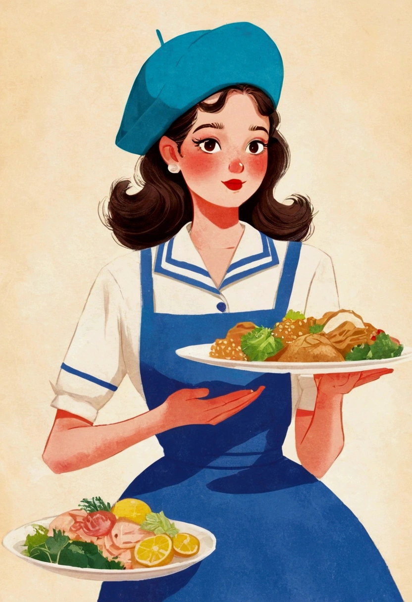 有一位女士端着一盘食物,贝雷帽， commercial 插图, editorial 插图 colorful, editorial 插图, flat 插图, 1950s 插图 style, 插图 style, 2d 插图, 2 d 插图, retro 插图, colorful 插图, ( 女服务员 ) 女孩, character 插图, full color 插图, #插图, stylized digital 插图, colorfull 插图