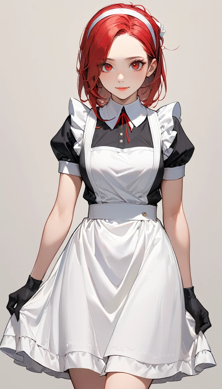 (masterpiece, best quality, super detailed, beautiful eyes beautiful details eyes, Clean and delicate face), solo, (Red bob hair, red eyes), (maid costume, white maid headband), thigh, black gloves, army boots, (whole body, standing posture, looking at the viewer), slight smile, lips apart, simple background