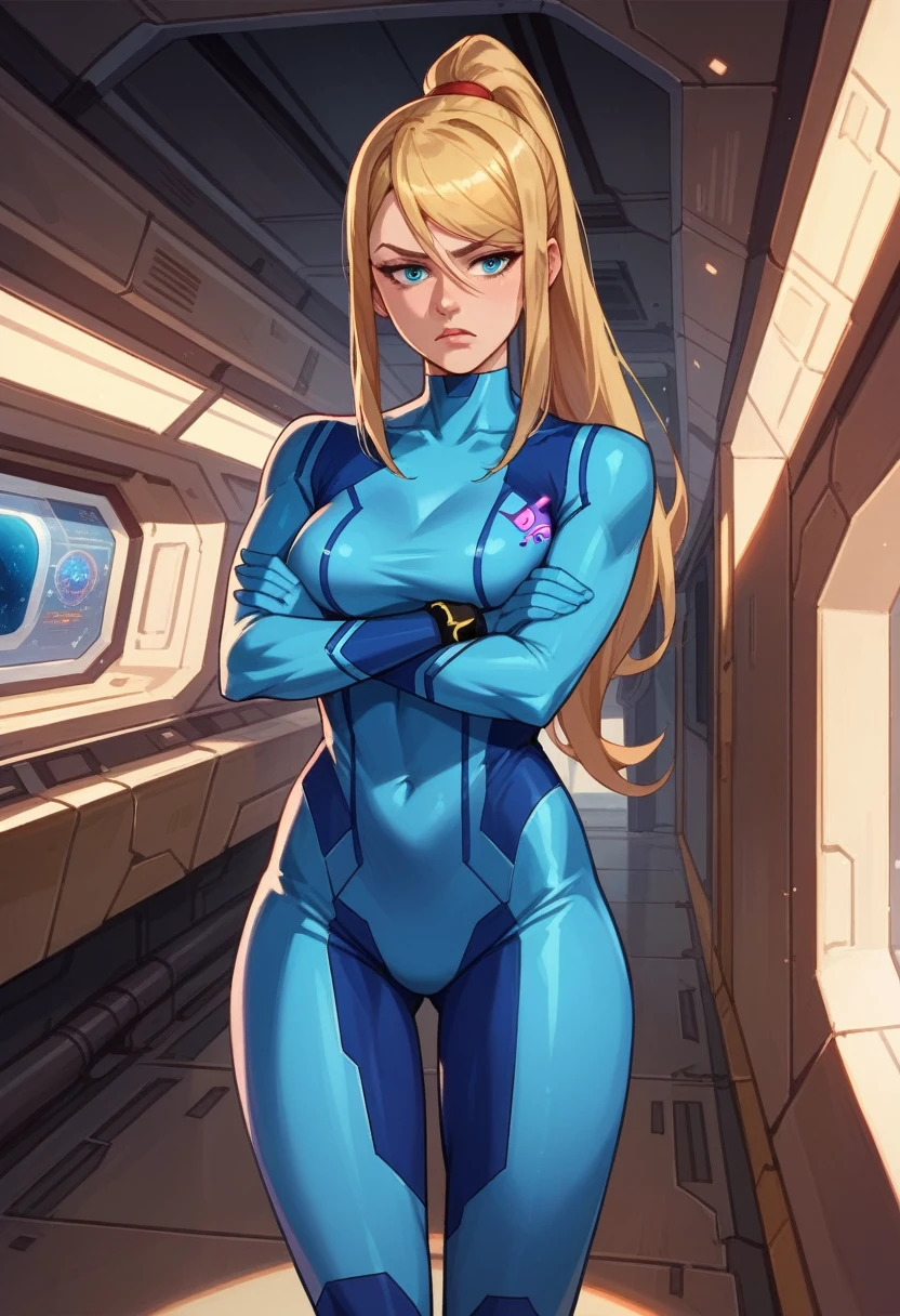 score_9, score_8_up, score_7_up, defSamus, blonde hair, bodysuit, blue clothes, blue pants, standing, crossed arms, indifferent expression, looking at other side,  spaceship,