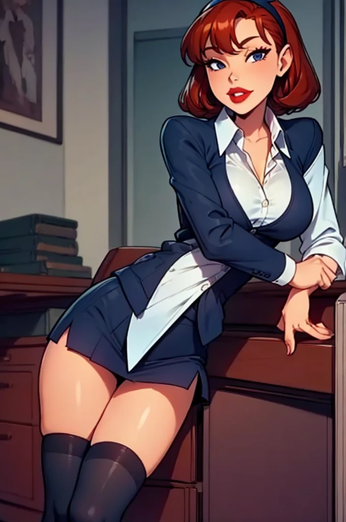 Sharona, wearing a navy office suit, white shirt, navy skirt,red lips,hairband,black stockings, high quality, 