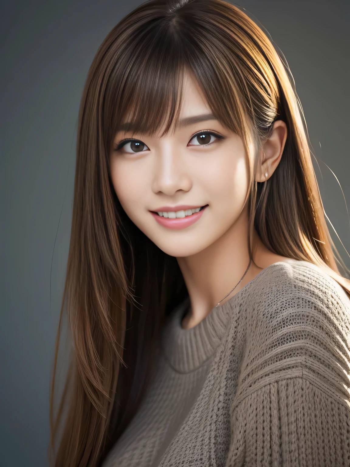 masterpiece, best quality, ultra-detailed, intricately detailed hyperdetailed, realistic, sharp features, highly detailed, sharp focus, Realistic, Photorealistic:1.3, (:1.3), perfect face, perfect symmetrically eyes, perfect full lips, hyper detailed, hyper realistic, high resolution, Fashion Model, Japanese Idol, Slender, brown hair, Stylish, model poses, Beautiful Face, light brown hair, messy hair, asymmetrical bangs, (grin:1.2), (looking at viewer), cinematic lighting, grey background, (Black knit:1.2), portrait