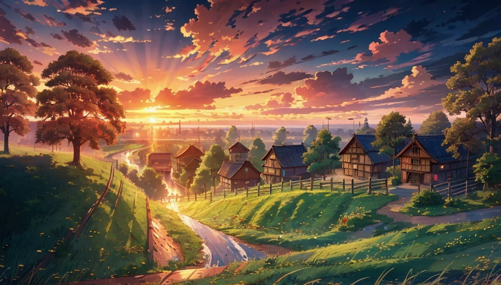 ​masterpiece, top-quality, depth of fields, high details, 8K, old town scene, lots of wooden houses, grass land, road to the town, clouds, sunset, trees, anime style