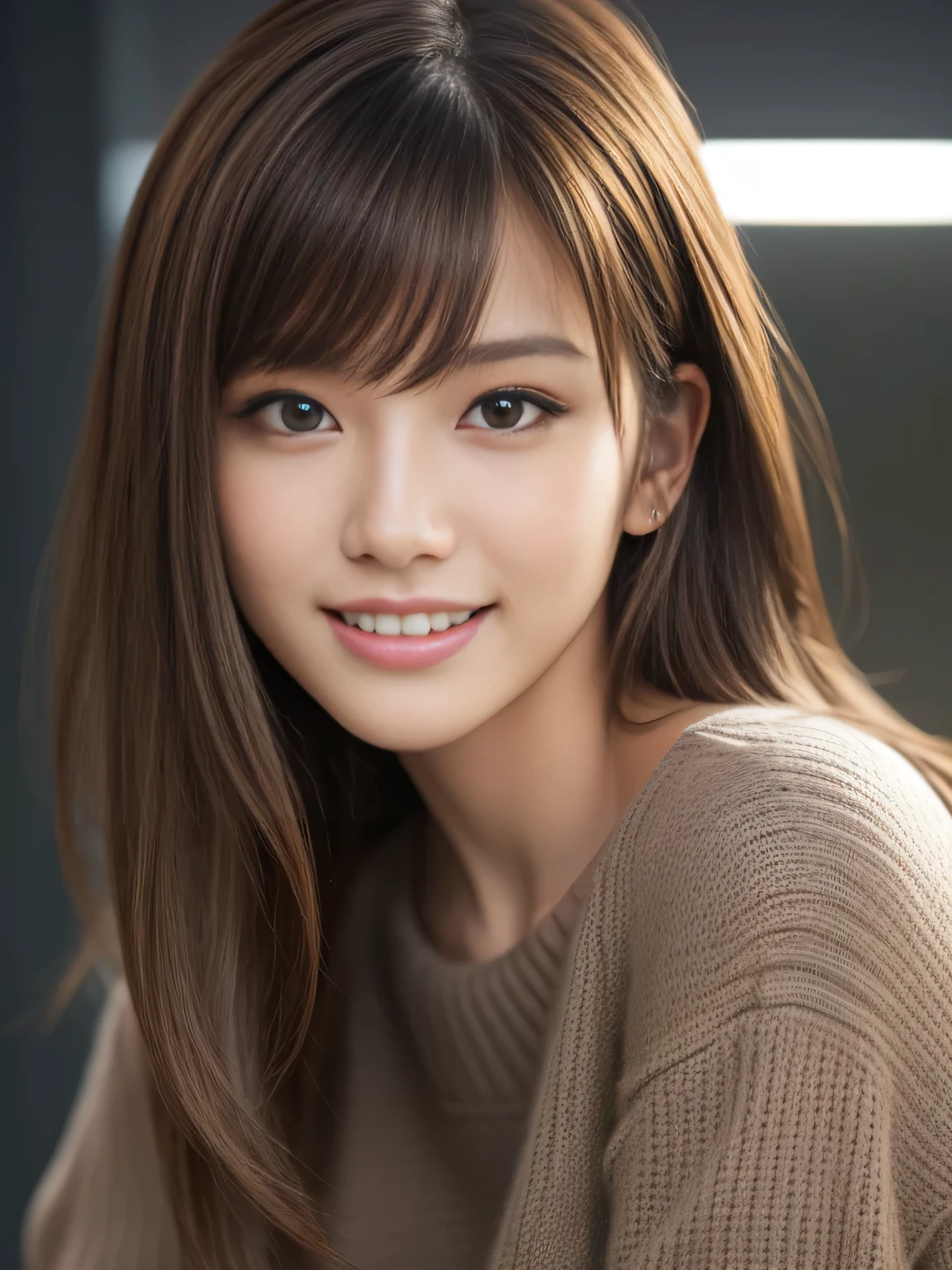 masterpiece, best quality, ultra-detailed, intricately detailed hyperdetailed, realistic, sharp features, highly detailed, sharp focus, Realistic, Photorealistic:1.3, (:1.3), perfect face, perfect symmetrically eyes, perfect full lips, hyper detailed, hyper realistic, high resolution, Fashion Model, Japanese Idol, Slender, brown hair, Stylish, model poses, Beautiful Face, light brown hair, messy hair, asymmetrical bangs, (grin:1.2), (looking at viewer), cinematic lighting, grey background, (Black knit:1.2), portrait