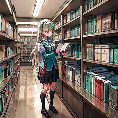 ((masterpiece,highest quality,anime))1 high school girl, alone, bookshelf, mountain of books, cute, modern library, uniform,