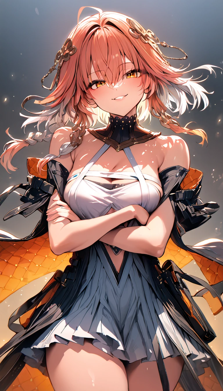 ((masterpiece)),((Highest quality)),High resolution,Perfect lighting,dusty(coming), One woman, chest, alone, Orange eyes, View your viewers, Exposing shoulders,White Dress,大きなchest, Redhead, Striped Hair, Gray Hair, Captivating smile, from the front, Cowboy Shot, Arms crossed,