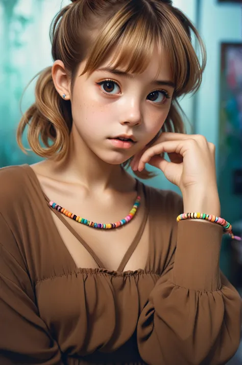 Real photo, short hair, ((Collegiate style, kawaii colorful bracelets, kawaii infantile)), She has light Brown hair, dress kawai...