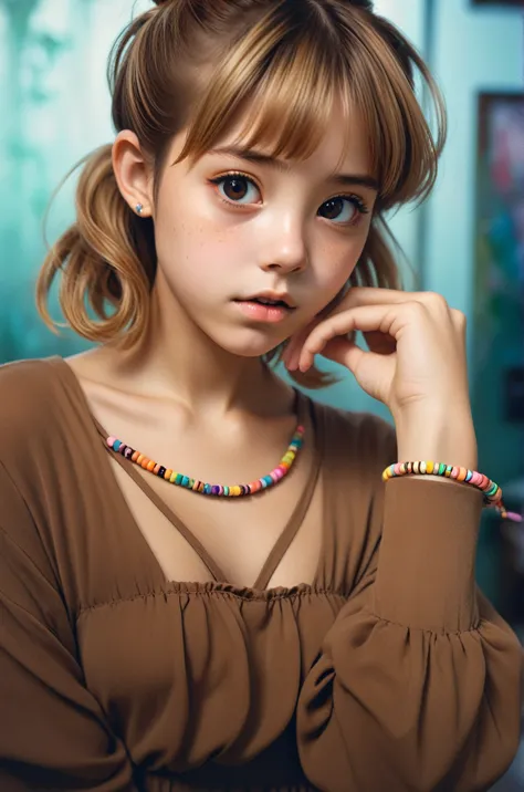 real photo, short hair, ((collegiate style, kawaii colorful bracelets, kawaii infantile)), she has light brown hair, dress kawai...