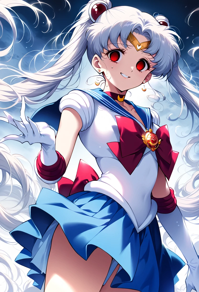 (masterpiece, Highest quality, so beautiful, Super detailed), Intricate details, 12k, Honestly, Long Hair, Double Bang, Twin tails, Parted bangs, tiara, Earrings, red eyes, Red choker, Blue sailor collar, Red Bow, White shirt, Elbow hand pockets, White gloves, Blue Skirt, Are standing, Cowboy Shot,,(evil smile:1.2), 1girl,(Silver Hair:1.4),(empty eyes,:1.4),from below,looking dawn,dark aura,View your viewers