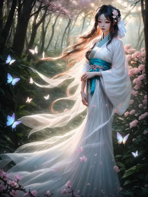 a beautiful woman in a flowing white hanfu,
standing in a ethereal forest, surrounded by
glowing flowers and butterflies, soft f...