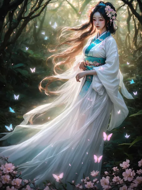 a beautiful woman in a flowing white hanfu,
standing in a ethereal forest, surrounded by
glowing flowers and butterflies, soft f...