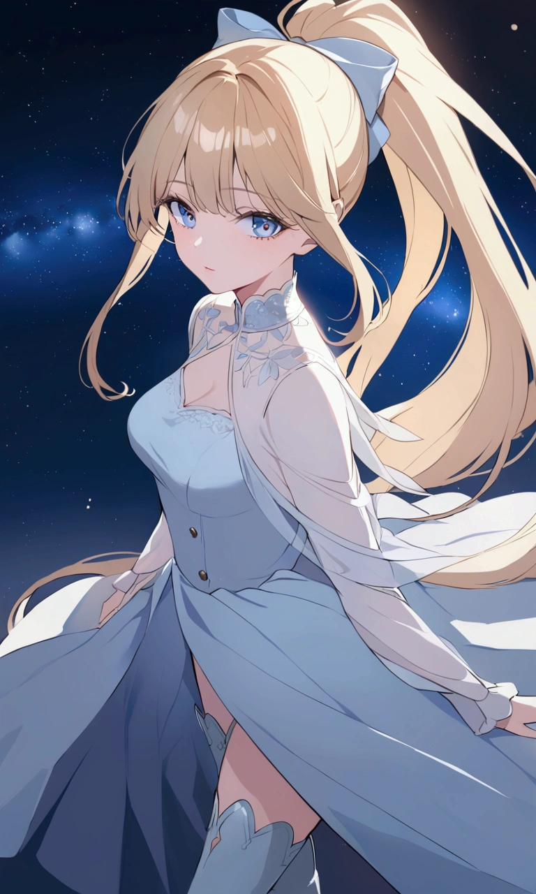 1 girl, Super long hair, Ultra detailed face, Glistening lips, Sparkling blue eyes, Very long ponytail, an elegant walk, blonde, Eyelashes, Knee-high boots , Starry Sky, 