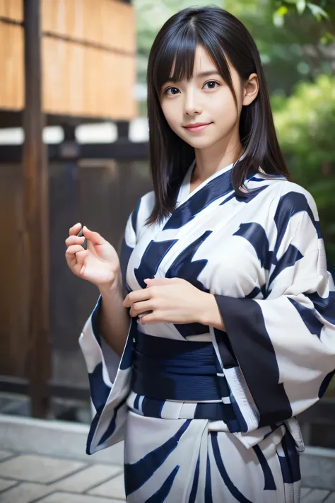 ((A thin yukata:1.4))、((14 years old))、Random Pause、(Highest quality,masterpiece:1.3,Ultra-high resolution,),(Very detailedな,Caustics),(Photorealistic:1.4,RAW shooting,)Ultra-Realistic Capture,Very detailed,High resolution 16K human skin closeup、 Natural skin texture、、Skin tone is even and healthy looking、 Use natural light and colour,1 girl,Japanese,cute,Black-haired,Medium Hair,(Big Breasts:1.4),smile,,(Written boundary depth、chromatic aberration、、Wide range of lighting、Natural Shading、)、(Kimono with open front), Holding a Japanese fan,