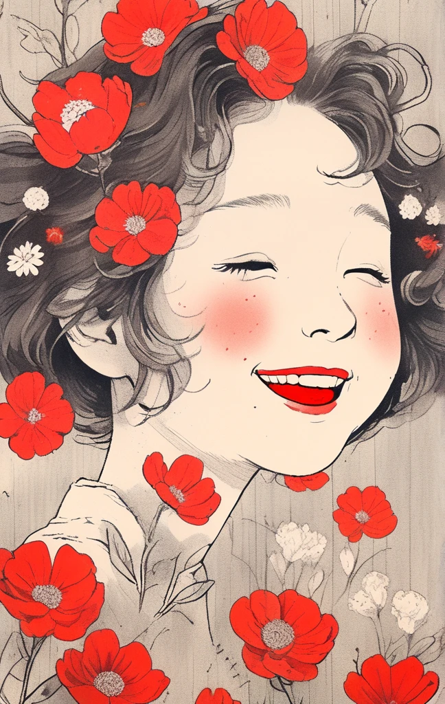 a cartoon drawing of a girl with her hair in her face with flowers behind her, 1girl, solo, smile, closed eyes, short hair, flower, open mouth, red monochrome