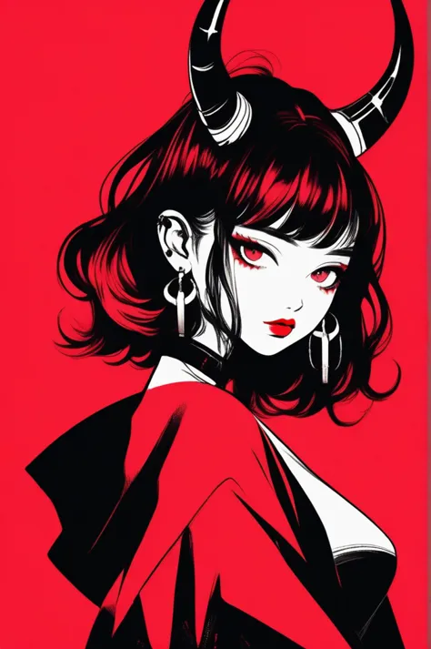 (best quality, sketch:1.2),realistic,illustrator,anime,1 girl with horns, detailed lips,custom, black and red gradient backgroun...