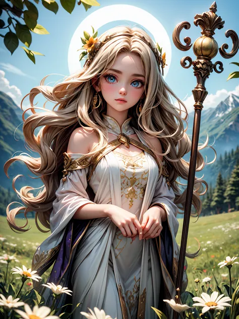 a radiant artwork of a benevolent female healer standing in a serene mountain meadow. the full-body view showcases her in soft, ...