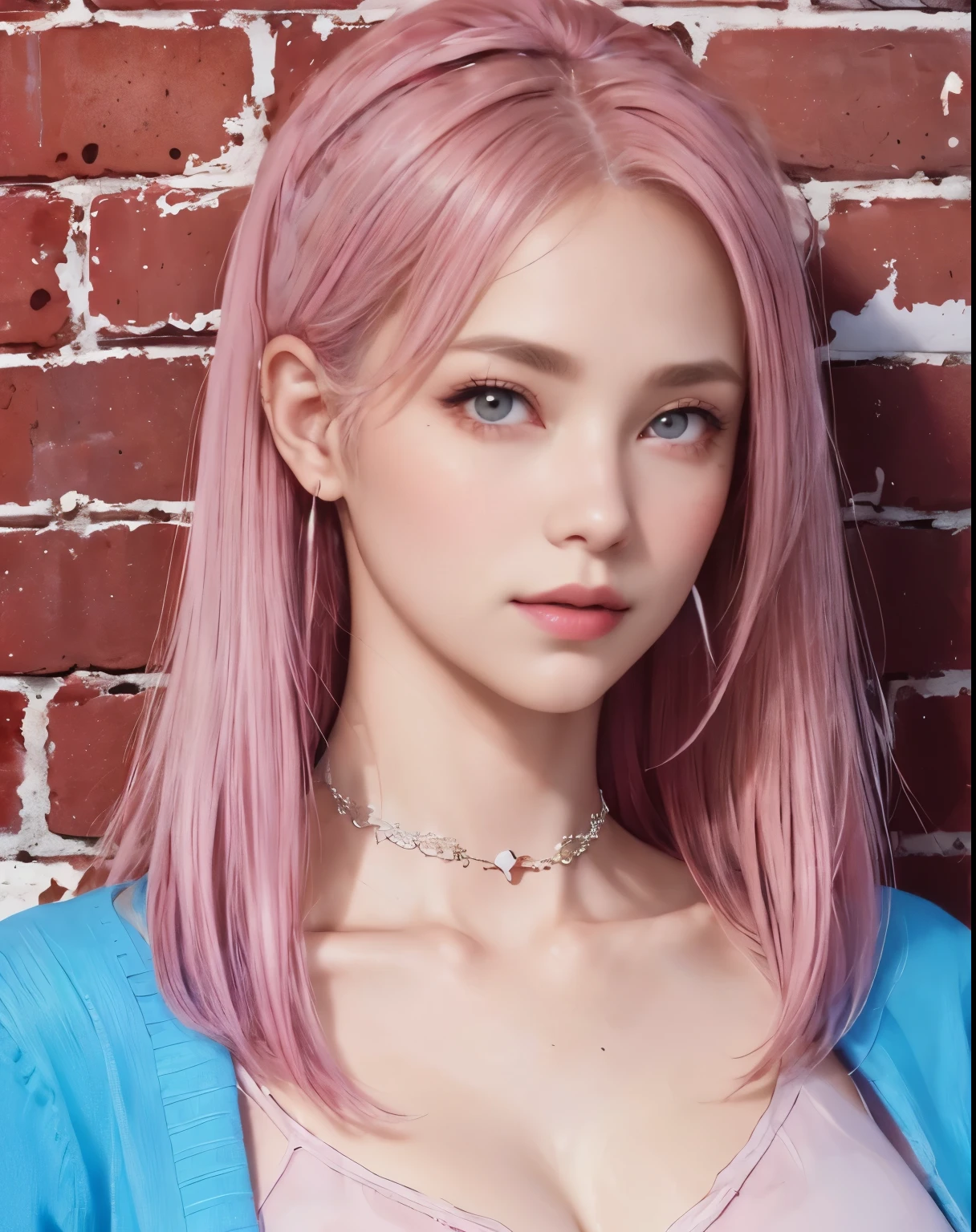 (masterpiece, best quality, 1 woman, alone, intricate details, chromatic aberration), realistic, ((middle breath)),long hair, pink hair, red headdress, pink highlights, hair above one eye,purple eyes, earring, piercer, choker, neon shirt, open jacket, cropped turtleneck sweater,open waist,(perfectly symmetrical body),on the wall, brick wall, Doodle, dim lighting, alley ,look at the viewer