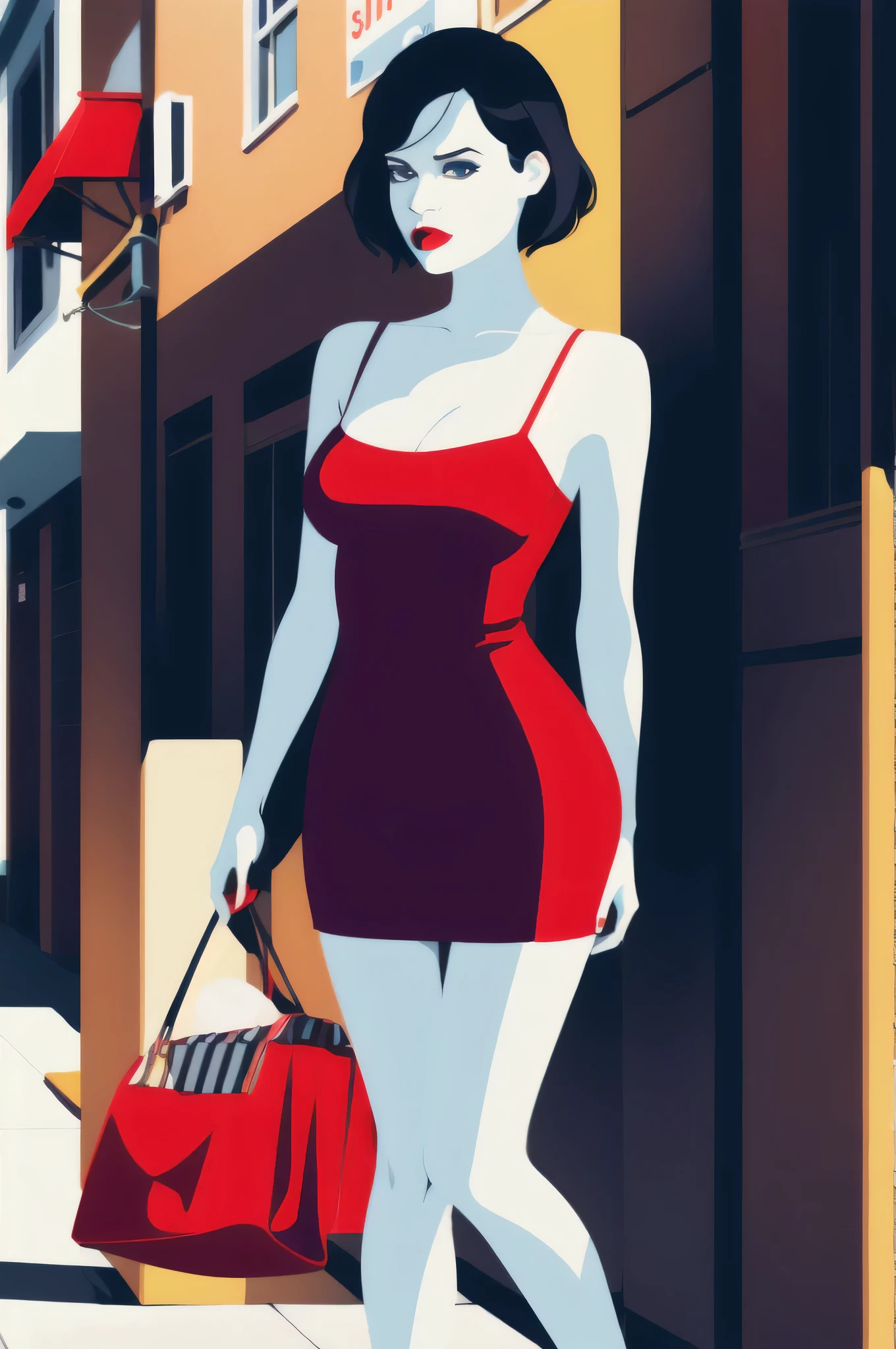 préféré, illustration, mode, fille, clivage, robe sexy, minimaliste, couleur plate , Une femme aux cheveux noirs coupés au carré avec des yeux bleus et des lèvres rouges, Épaules nues, robe rouge, robe tendue, spaghetti strap robe rouge, Sans manches, poitrine moyenne, debout contre un mur dans la rue la nuit en arrière-plan, 1 fille, seulement
