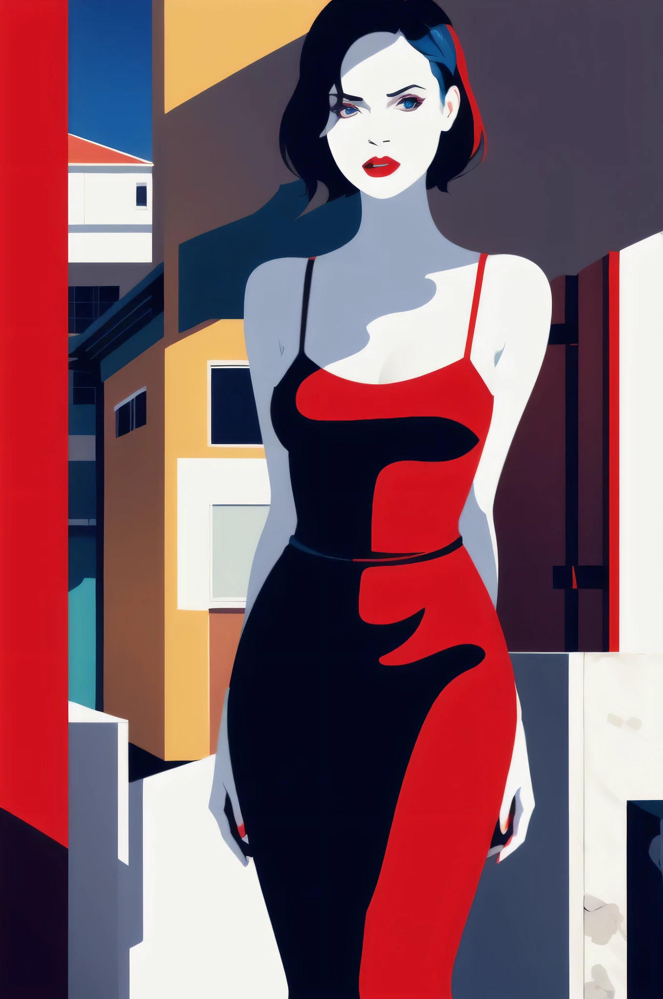 préféré, illustration, mode, fille, clivage, robe sexy, minimaliste, couleur plate , Une femme aux cheveux noirs coupés au carré avec des yeux bleus et des lèvres rouges, Épaules nues, robe rouge, robe tendue, spaghetti strap robe rouge, Sans manches, poitrine moyenne, debout contre un mur dans la rue la nuit en arrière-plan, 1 fille, seulement
