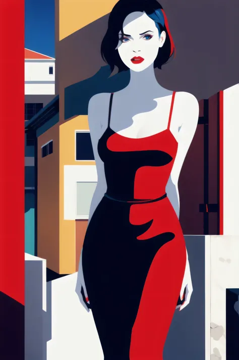 favre, illustration, fashion, girl, cleavage, sexy dress, minimalist, flat color , A Female with bob black hair with blue eyes a...