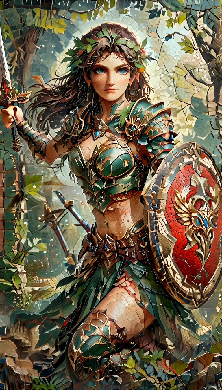 ancient Greek mosaic art of an amazon warrior, beautiful amazon warrior, ((full body shot: 1.5)), ((anatomically correct: 1.5)) (ultra detailed face: 1.4), dynamic skin complexion, dynamic hair style, dynamic hair color, she is wearing ancient Greek armor, armed with a Greek short sword, dynamic background, vibrant, Ultra-high resolution, High Contrast, (masterpiece:1.5), highest quality, Best aesthetics), best details, best quality, highres, 16k, [ultra detailed], masterpiece, best quality, (extremely detailed) RAW, fantasy art, dnd art, fantasy art, realistic art, (ultra details, Masterpiece, best quality), Intense gaze, Sword and shield