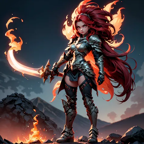 ((full body shot)) of a girl in regal, fire-themed armor with intricate gold and red details, standing in a blazing, volcanic la...