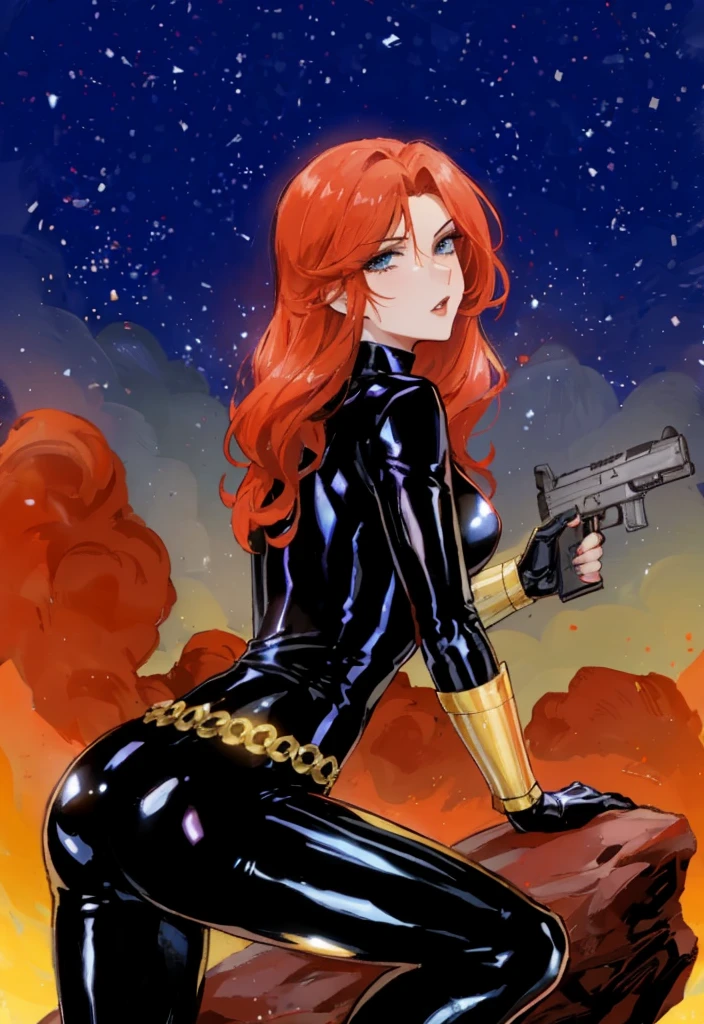  viuda negra, es conocido de la serie Marvel. Ella está representada con cabello rojo y ojos azules., vestido con un elegante traje de látex negro brillante, ceñido al cuerpo y con un cinturón hecho de círculos dorados.. Ella sostiene un arma en su mano izquierda., y ella está en cuclillas sobre una roca. El fondo presenta un cielo rojo intenso con estrellas blancas.. El personaje parece listo para la acción..