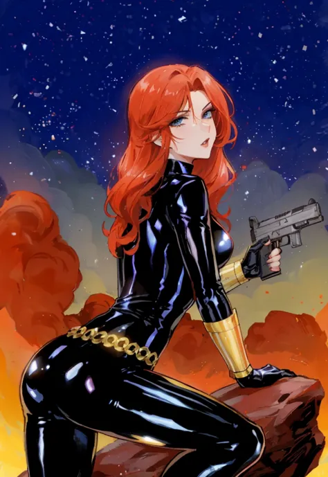  Black Widow, is known from the Marvel series. She's depicted with red hair and blue eyes, dressed in a sleek skin-tight shiny b...