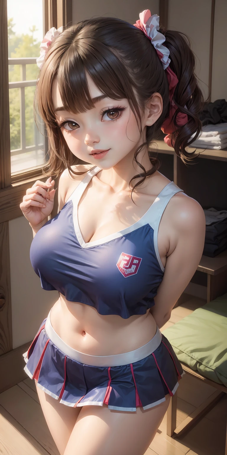 adorable , japanese high school girl, (baby face:0.7), flashy colored cheerleader cosplay,sleeveless,scrunchie,   (grin:0.7), suggestive,(hair dark  medium hair:1), cleavage,small breast , 