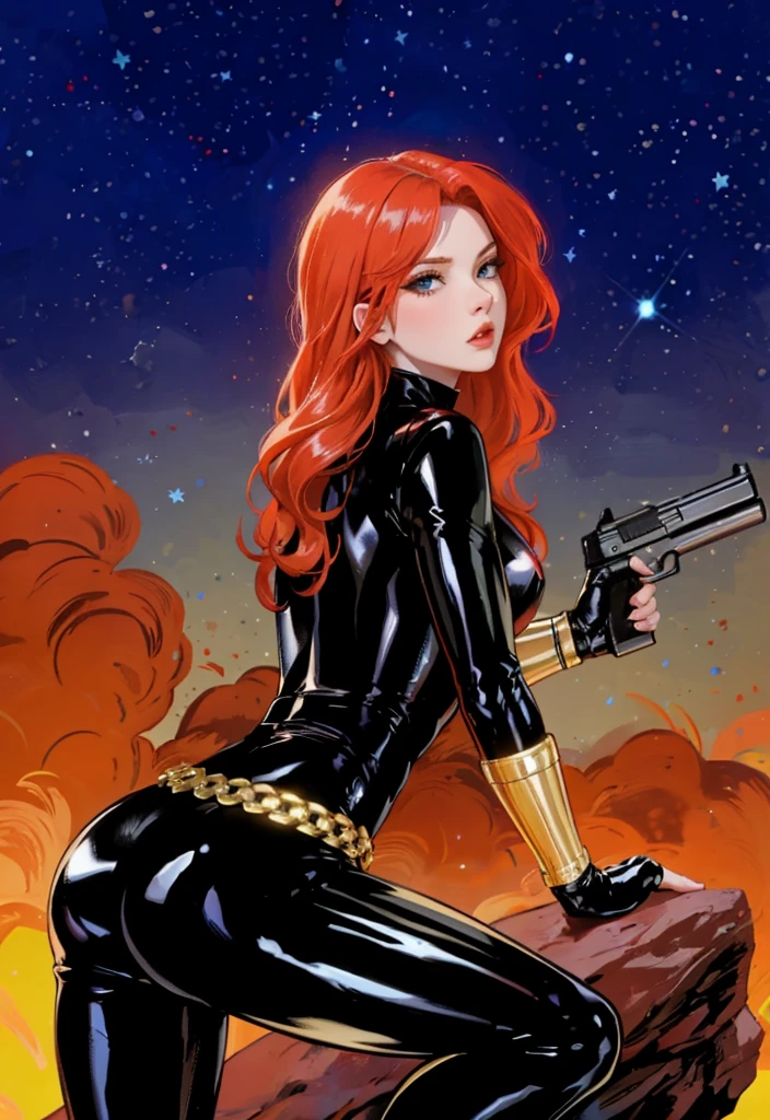 Veuve noire, est connu de la série Marvel. Elle est représentée avec des cheveux roux et des yeux bleus, vêtu d&#39;un body moulant en latex noir brillant avec une ceinture faite de cercles dorés. Elle tient une arme dans sa main gauche, et elle est accroupie sur un rocher. L&#39;arrière-plan présente un ciel rouge vif avec des étoiles blanches. Le personnage semble prêt à l&#39;action.