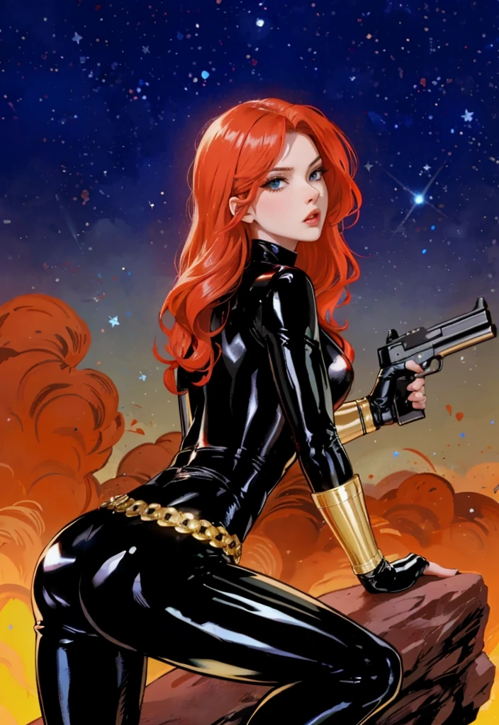 viuda negra, es conocido de la serie Marvel. Ella está representada con cabello rojo y ojos azules., vestido con un elegante traje de látex negro brillante, ceñido al cuerpo y con un cinturón hecho de círculos dorados.. Ella sostiene un arma en su mano izquierda., y ella está en cuclillas sobre una roca. El fondo presenta un cielo rojo intenso con estrellas blancas.. El personaje parece listo para la acción..