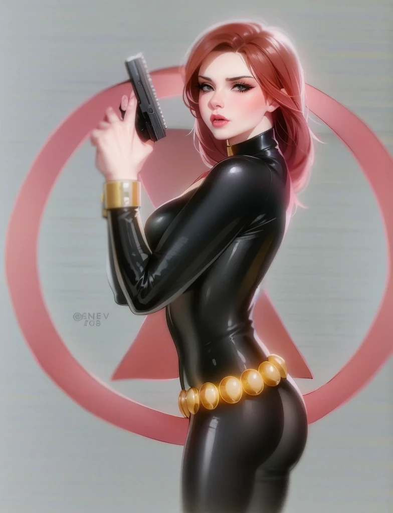  Veuve noire, de l&#39;univers Marvel Comics. Elle est présentée dans un body élégant et moulant en latex noir brillant., une ceinture faite de cercles dorés, et des protège-poignets dorés. dans sa main droite, elle tient une arme à feu. L&#39;ambiance révèle la puissance, force, and an impressive aura radiated by Veuve noire.