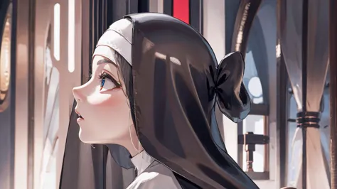 side view, eyes in , nun