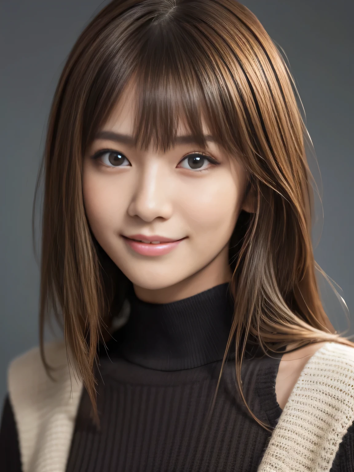 masterpiece, best quality, ultra-detailed, intricately detailed hyperdetailed, realistic, sharp features, highly detailed, sharp focus, Realistic, Photorealistic:1.3, (17 years old:1.5), perfect face, perfect symmetrically eyes, perfect full lips, hyper detailed, hyper realistic, high resolution, Fashion Model, Japanese Idol, Slender, brown hair, Stylish, model poses, Beautiful Face, light brown hair, messy hair, asymmetrical bangs, (grin:1.2), (looking at viewer), cinematic lighting, grey background, (Black knit:1.2), portrait