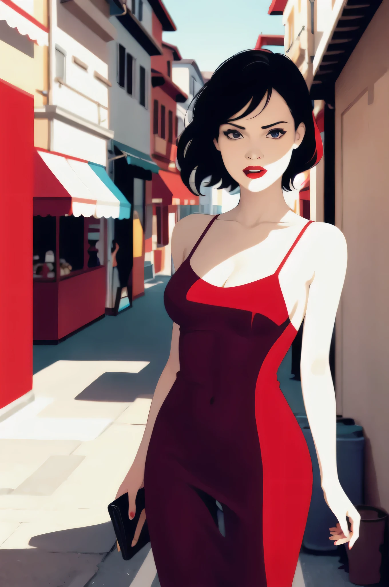 favre, Illustration, Mädchen, Dekollete, sexy Kleid, Minimalistisch, Flache Farbe , Eine Frau mit schwarzem Bob-Haar, blauen Augen und roten Lippen, nackten Schultern, rotes Kleid, taut dress, spaghetti strap rotes Kleid, ärmellos, Mittlere Brust, im Hintergrund nachts an einer Straßenmauer stehend, 1 Mädchen, Allein, Nahaufnahme Porträt, Betrachter
